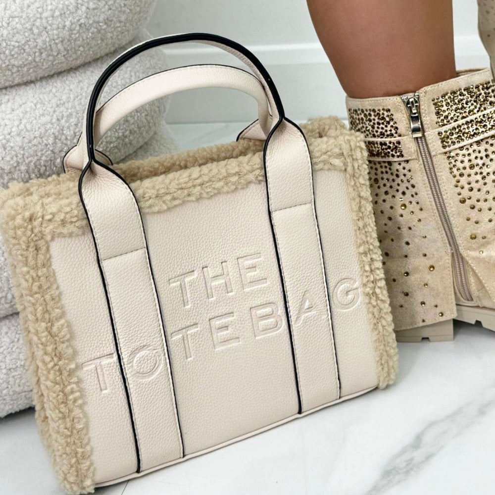Winter Crush Medium Sherpa Handbag Nude, showing dual structured handles