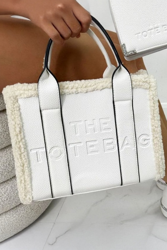 Winter Crush Medium Sherpa Handbag White designed with faux pebbled leather with faux sherpa trim