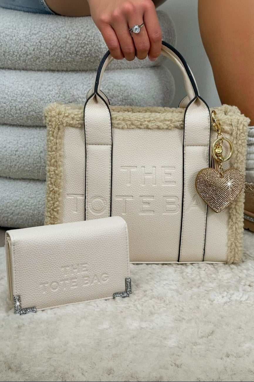 Nude Winter Crush Medium Sherpa Handbag &amp; Sparkly Tote Purse Bundle