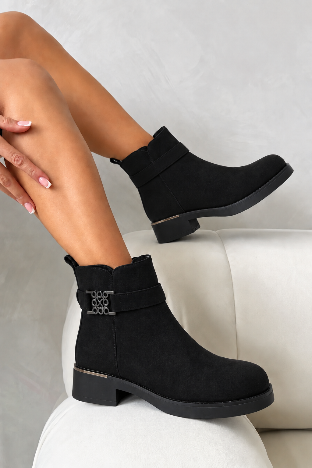 Wren Luxe XO Filigree Buckle Faux Suede Low Heel Ankle Boots Black