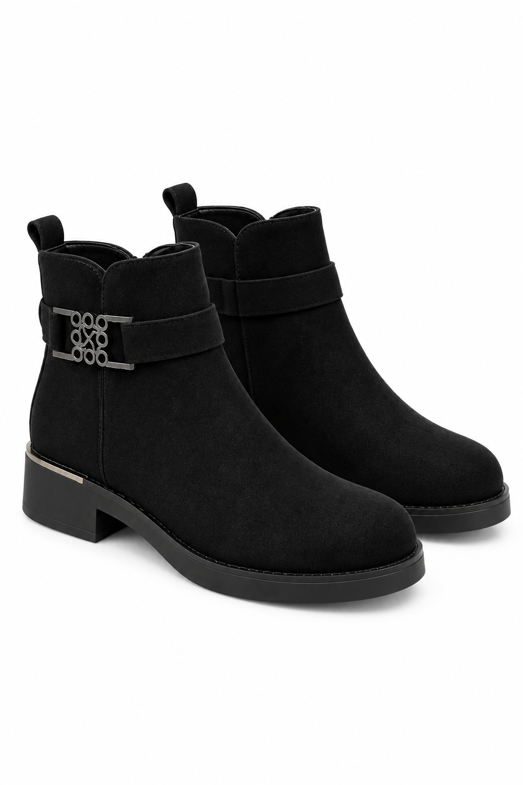 Wren Luxe XO Filigree Buckle Faux Suede Low Heel Ankle Boots Black