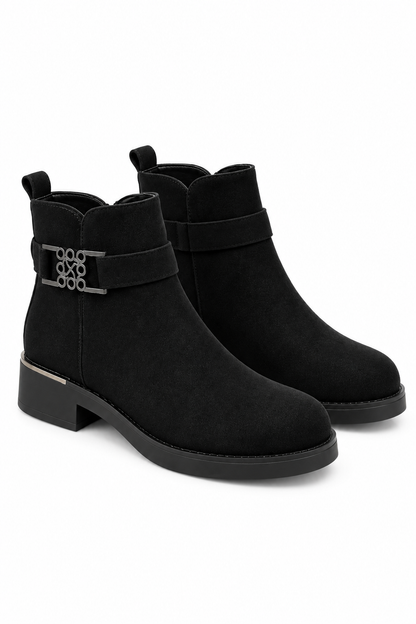 Wren Luxe XO Filigree Buckle Faux Suede Low Heel Ankle Boots Black