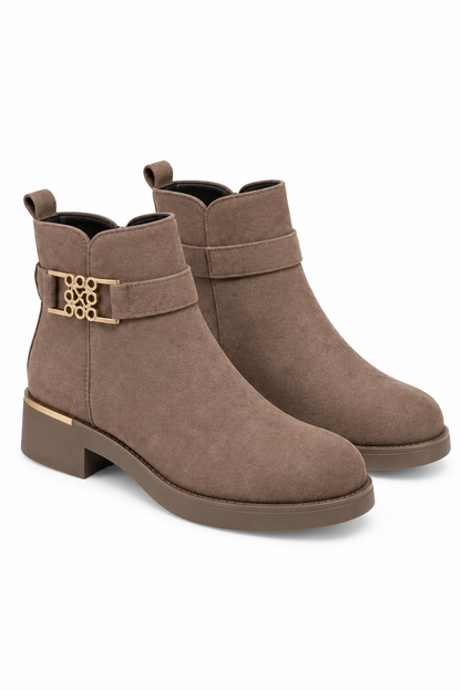Wren Luxe XO Filigree Buckle Faux Suede Low Heel Ankle Boots Mink