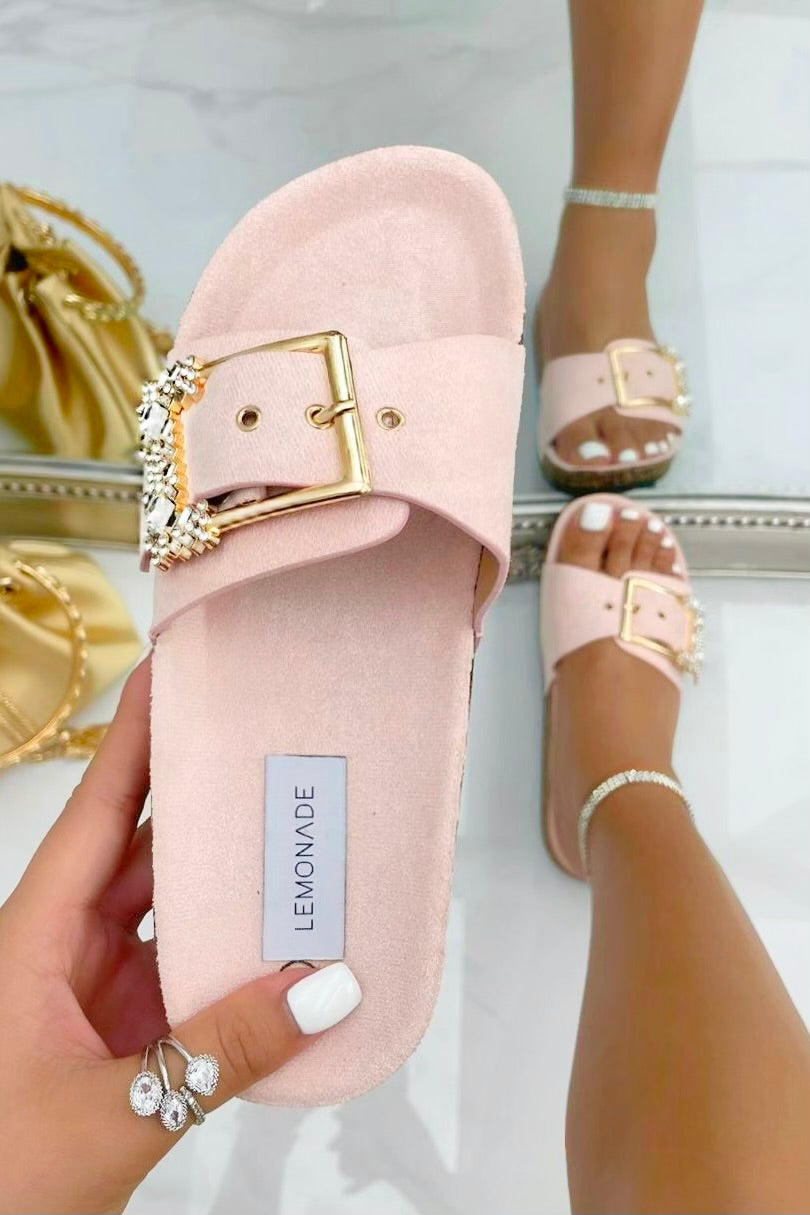 Crystal Chunky Buckle Sliders Baby Pink featuring 2.5cm Wedged Sole