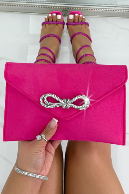 Crystal Bow Embellished Faux Suede Clutch Bag Hot Pink featuring a soft faux suede finish and elegant crystal bow detailing.