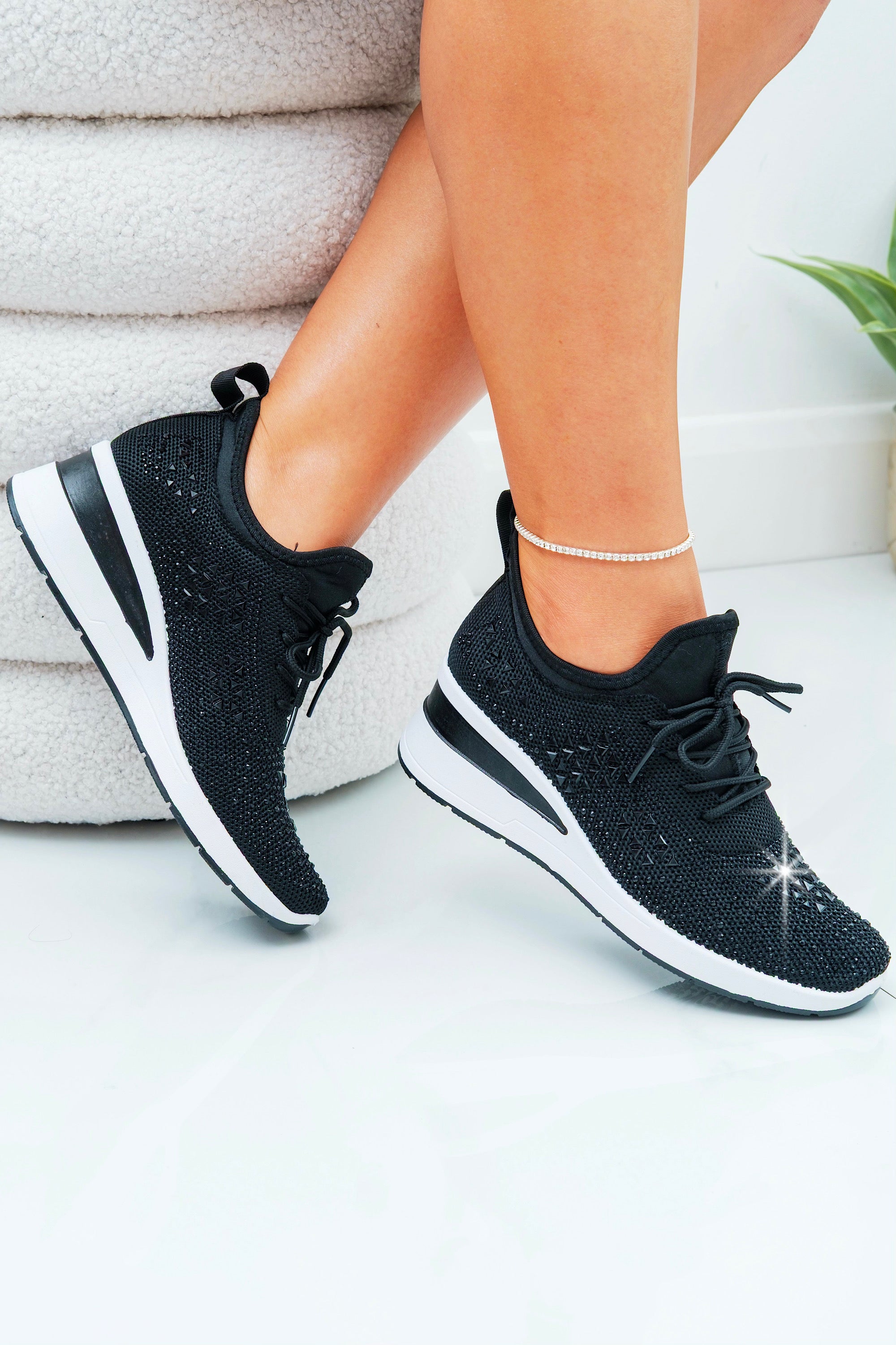 Crystal Stretch Comfort Wedge Trainers Black