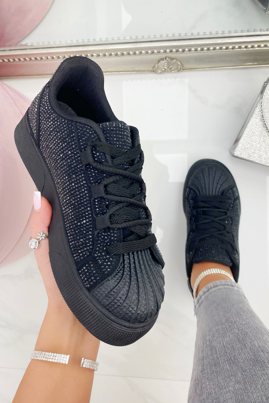 Sparkly Crystal Eternal Trainers Black with double Lace Detail