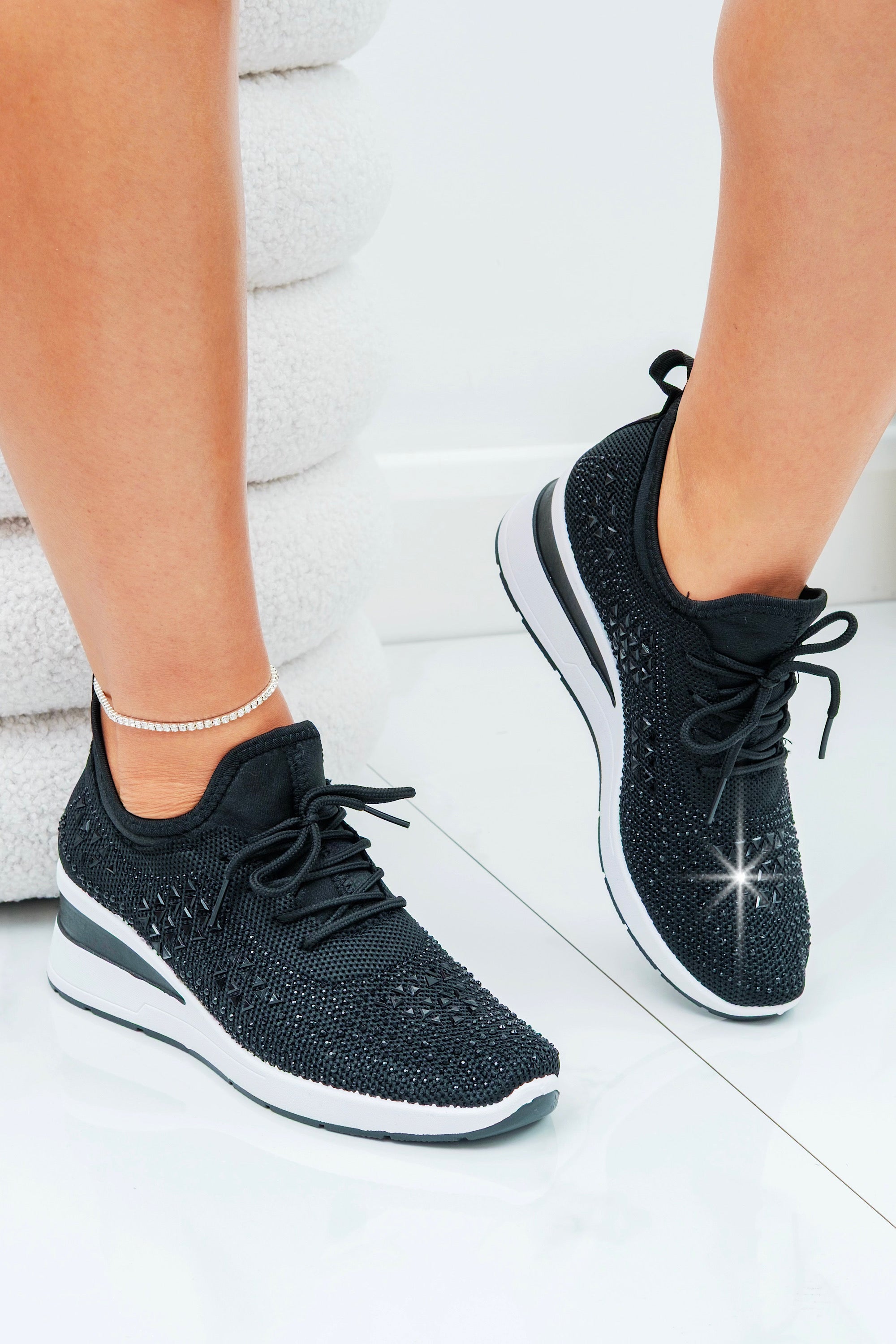 Crystal Stretch Comfort Wedge Trainers Black