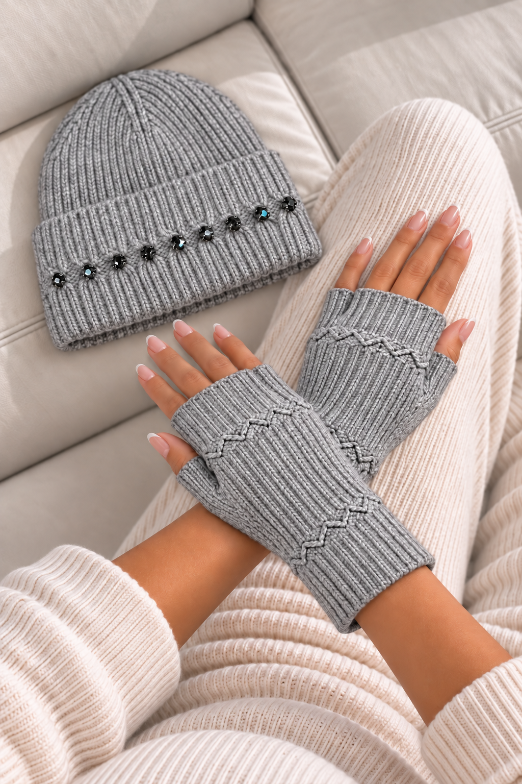 Marnie Wool Blend Sparkly Beanie &amp; Gloves Set Grey