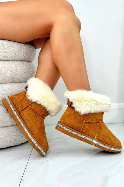 Crystal Faux Suede Snuggle Cloud Cuff Faux Fur Boots Camel, showcasing ankle-boot length