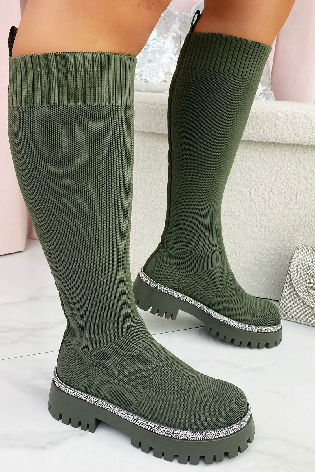 Sparkly Calf Stretch Sock Boots Khaki finished with calf Knee High Boots