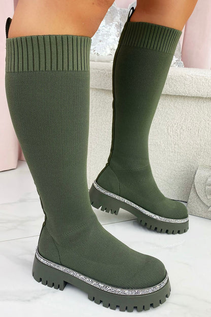Sparkly Calf Stretch Sock Boots Khaki finished with calf Knee High Boots