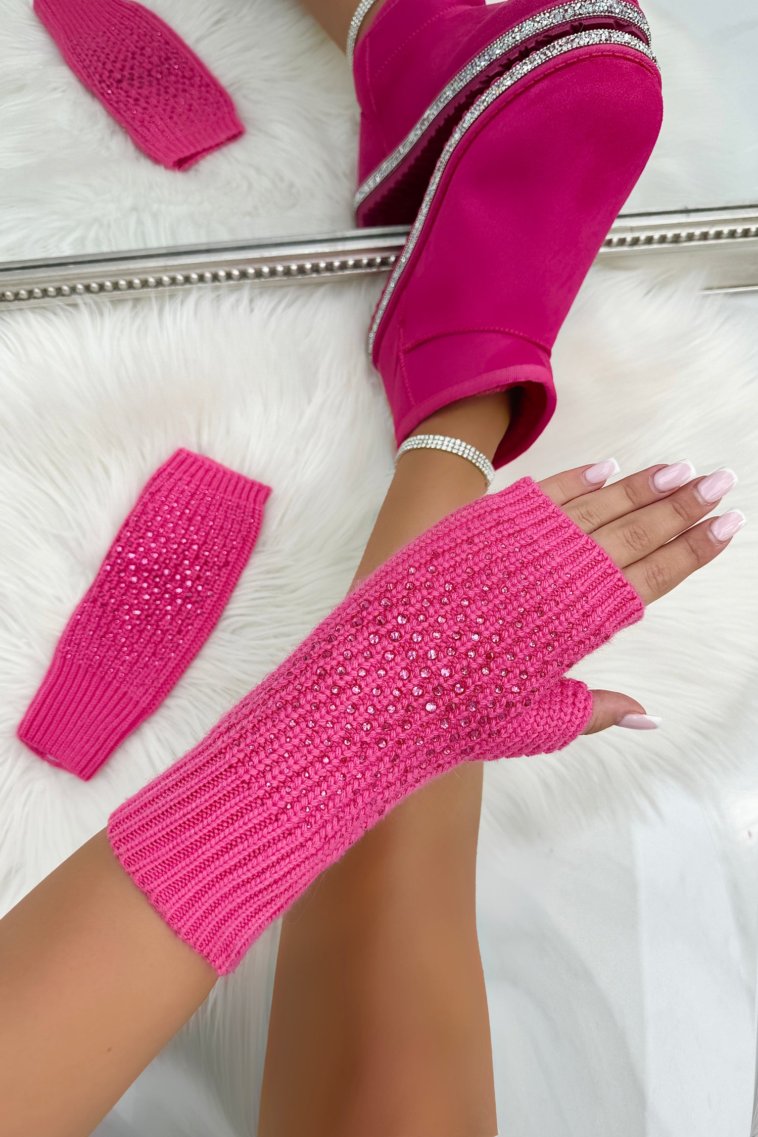 Crystal Sparkly Droplet Fingerless Gloves Hot Pink designed with crystal embellished