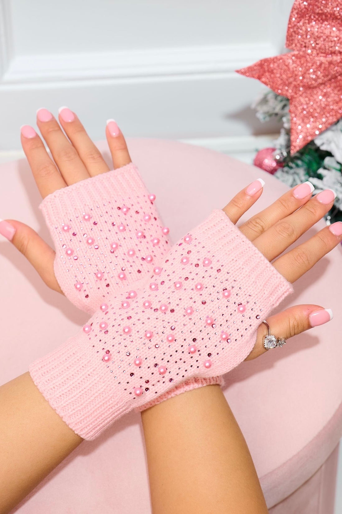 Knitted Fingerless Crystal and Pearl Sparkly Gloves Pink