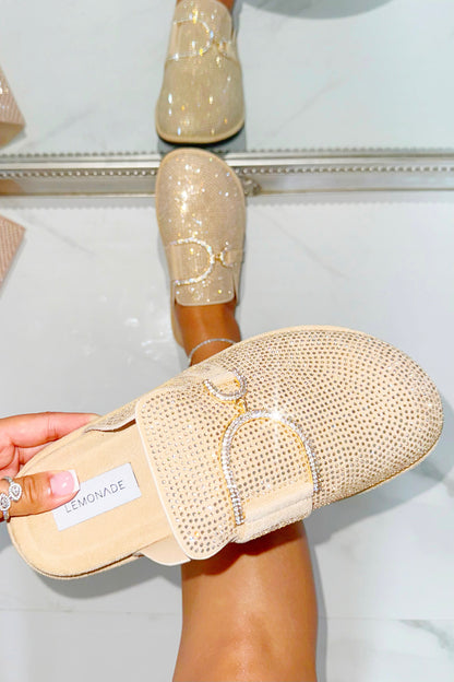 Crystal Imperial Suede Slip On Clog Mules Nude, featuring soft faux suede upper with sparkling crystal finish