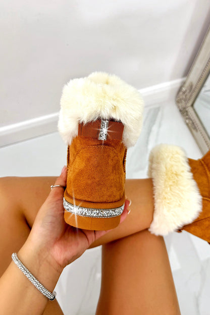 Crystal Faux Suede Snuggle Cloud Cuff Faux Fur Boots Camel designed with plush faux-shearing lining