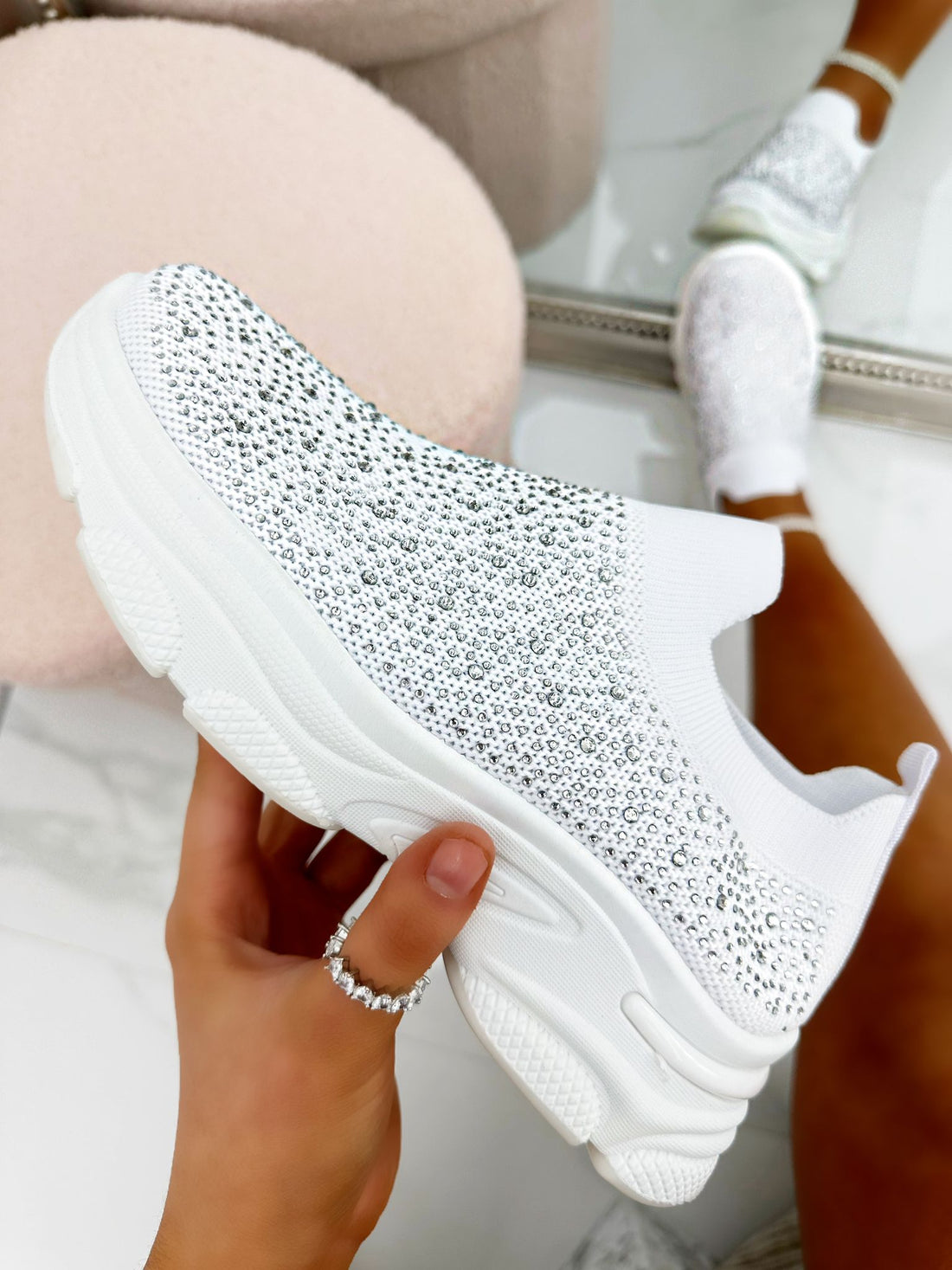 Crystal Comfort Sporty Sock Stretch Trainers White finished with rhinestone embellished