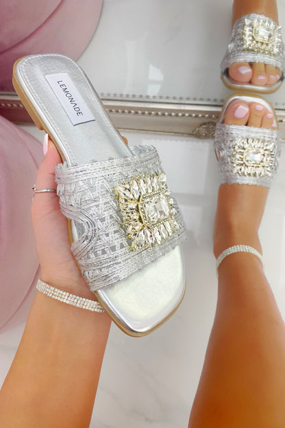 Crystal Bloom Sliders Silver, bringing attention to slider style