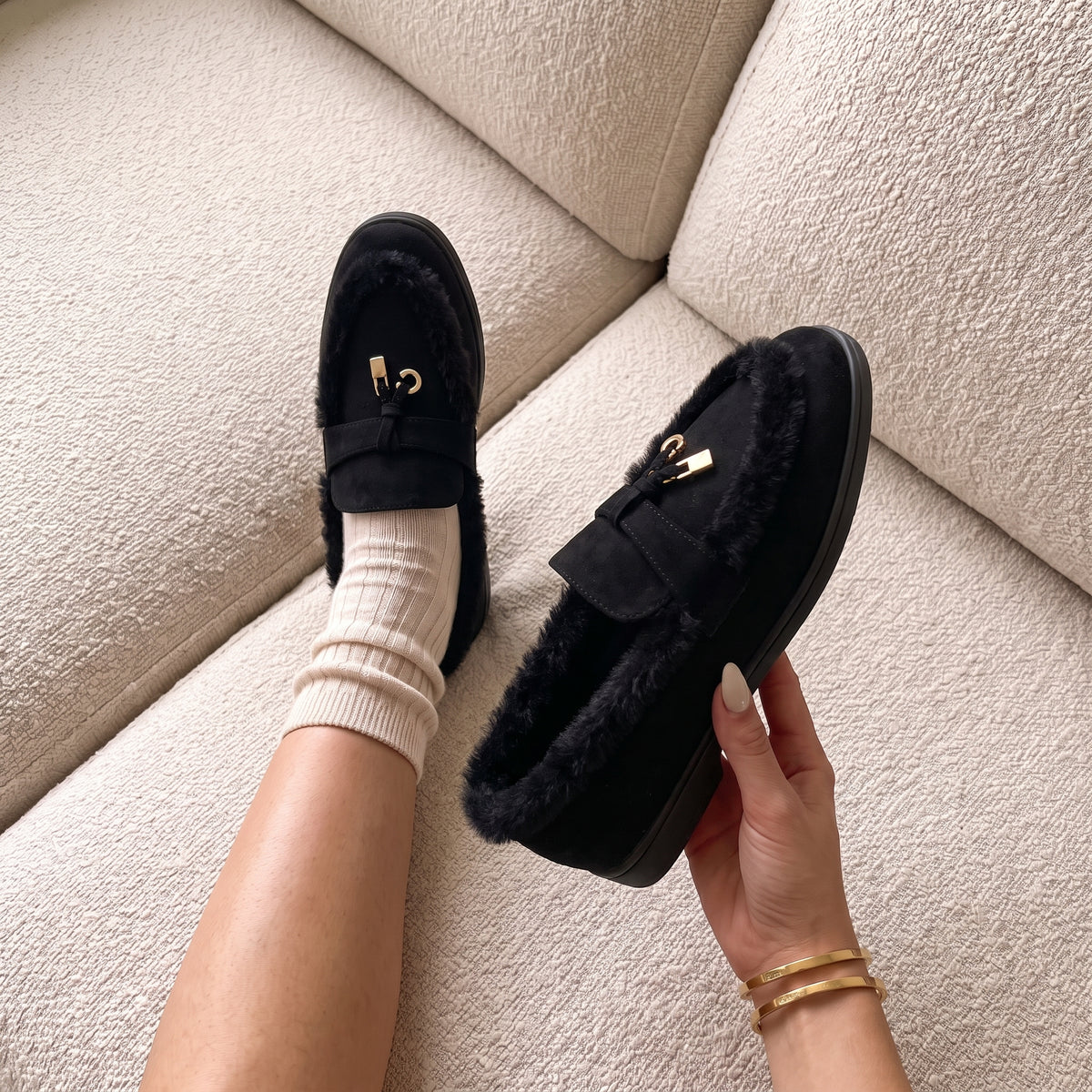 Mollie Faux Suede Fur Lined Flat Penny Detail Moccasin Loafers Black