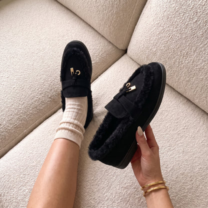 Mollie Faux Suede Fur Lined Flat Penny Detail Moccasin Loafers Black