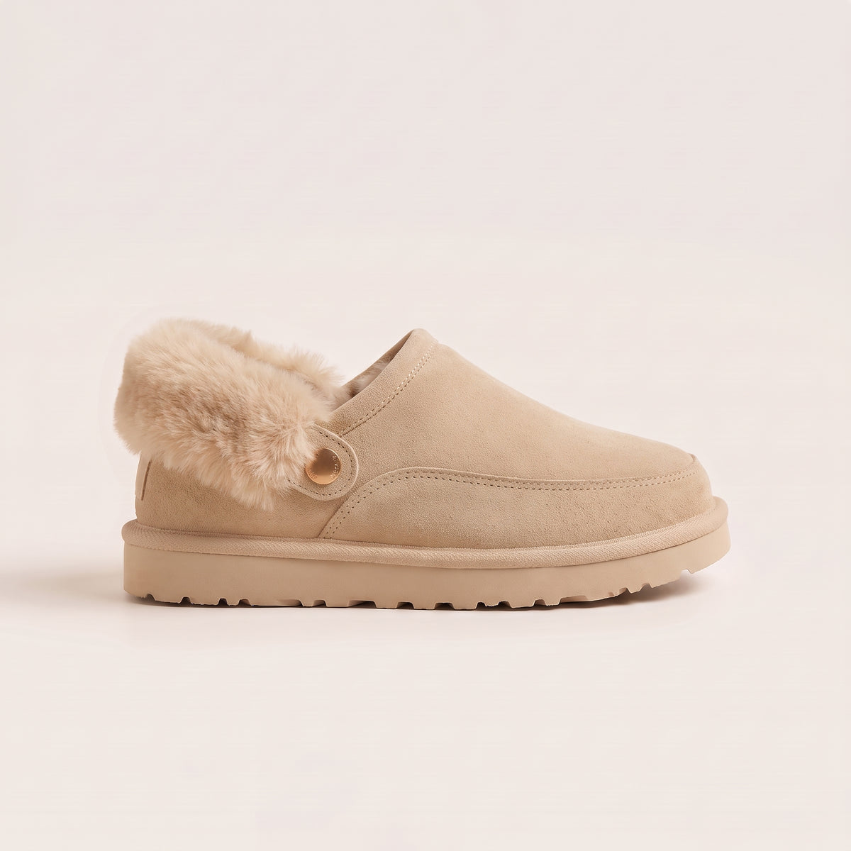 Sasha Faux Suede Fur Lined Mule Slippers Beige
