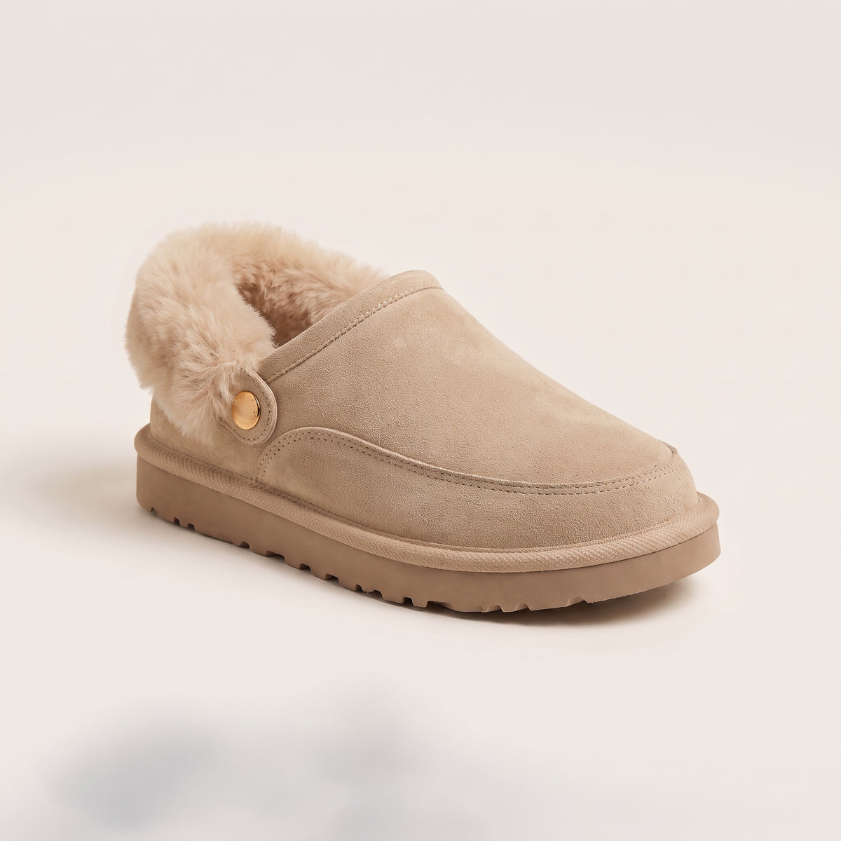 Sasha Faux Suede Fur Lined Mule Slippers Beige