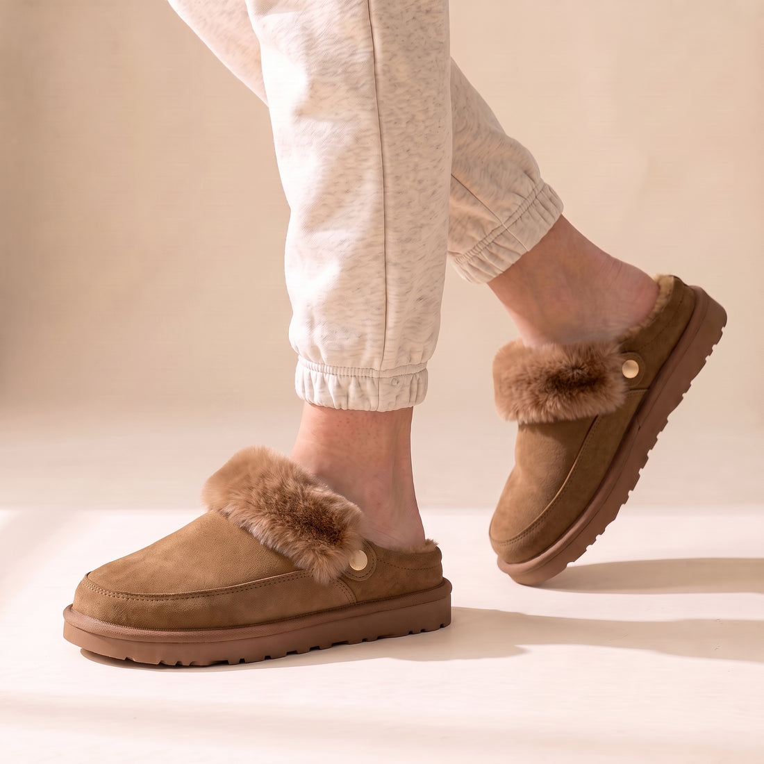Sasha Faux Suede Fur Lined Mule Slippers Tan