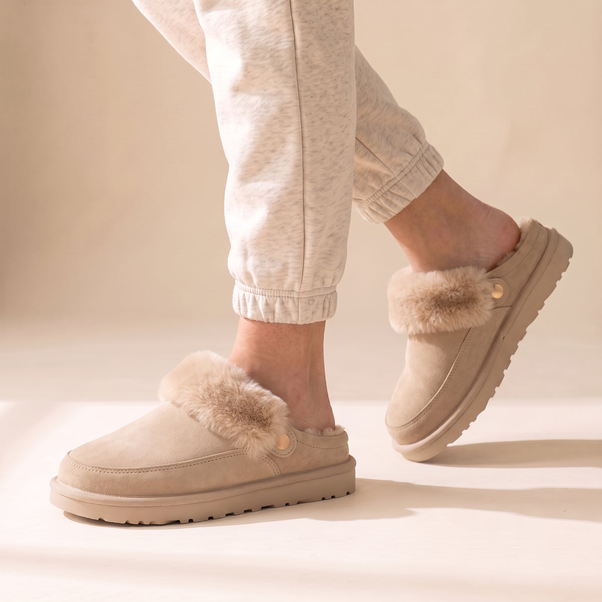 Sasha Faux Suede Fur Lined Mule Slippers Beige