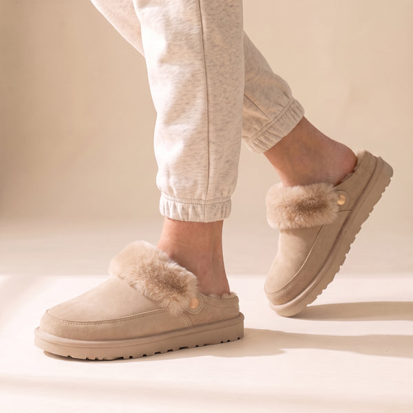 Sasha Faux Suede Fur Lined Mule Slippers Beige