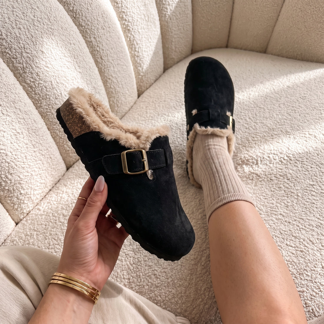 Sadie Faux Suede Fur Lined Buckle Clog Sliders Black