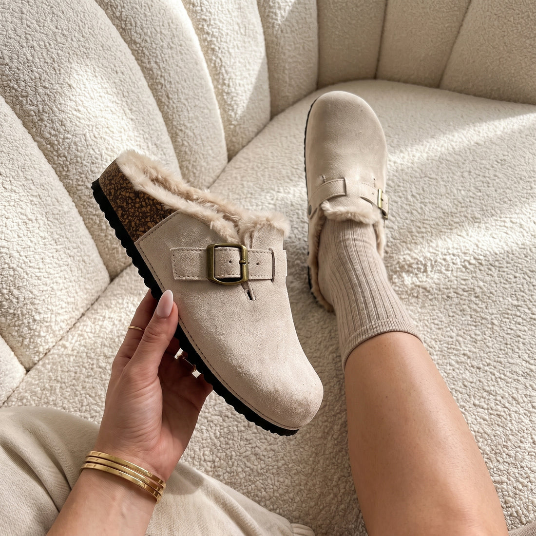 Sadie Faux Suede Fur Lined Buckle Clog Sliders Nude