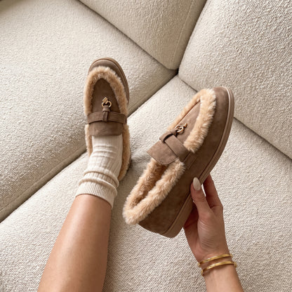Mollie Faux Suede Fur Lined Flat Penny Detail Moccasin Loafers Mocha