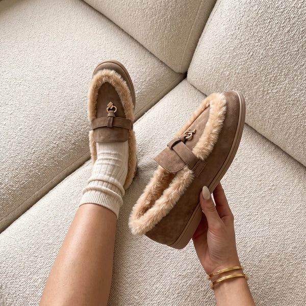 Mollie Faux Suede Fur Lined Flat Penny Detail Moccasin Loafers Mocha