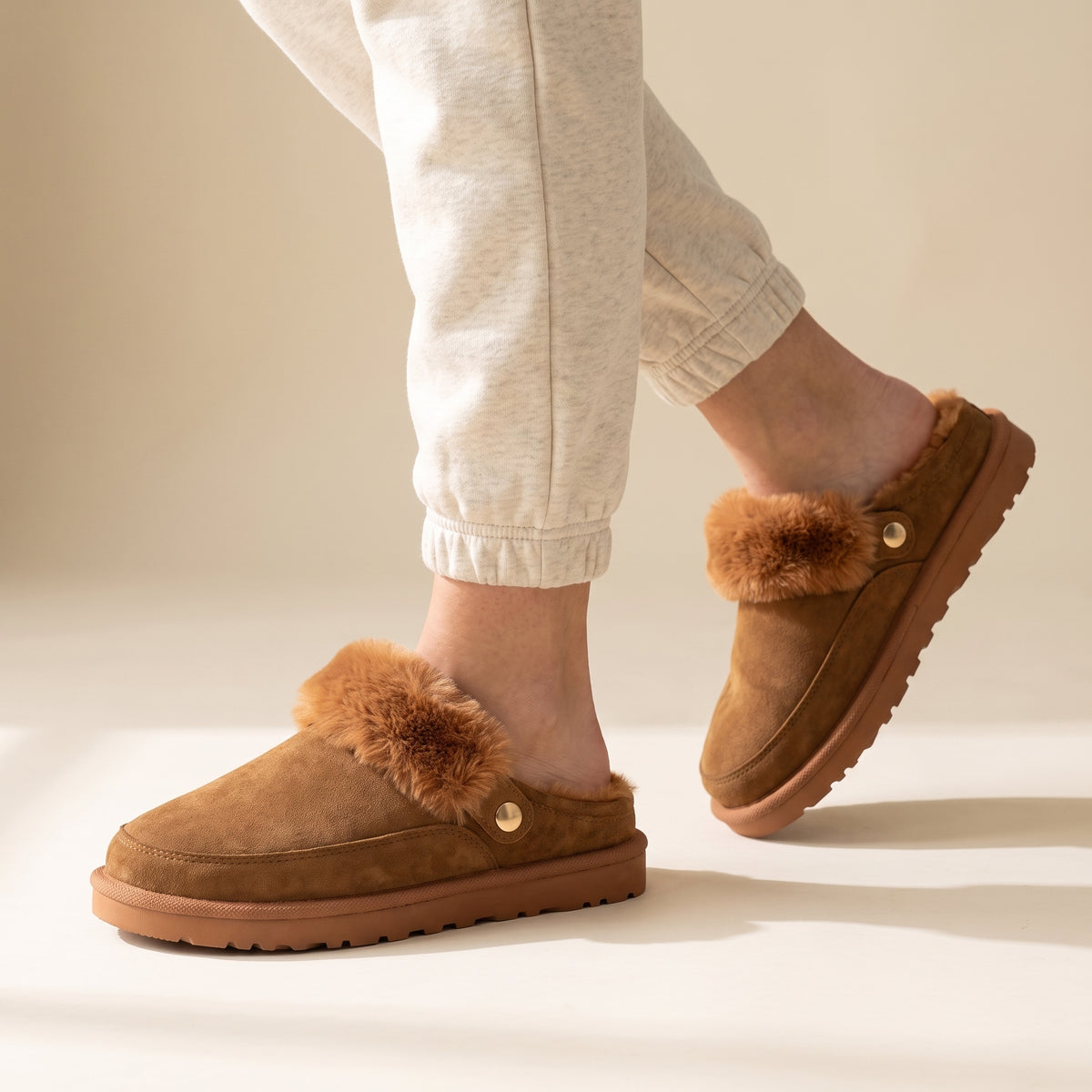 Sasha Faux Suede Fur Lined Mule Slippers Camel