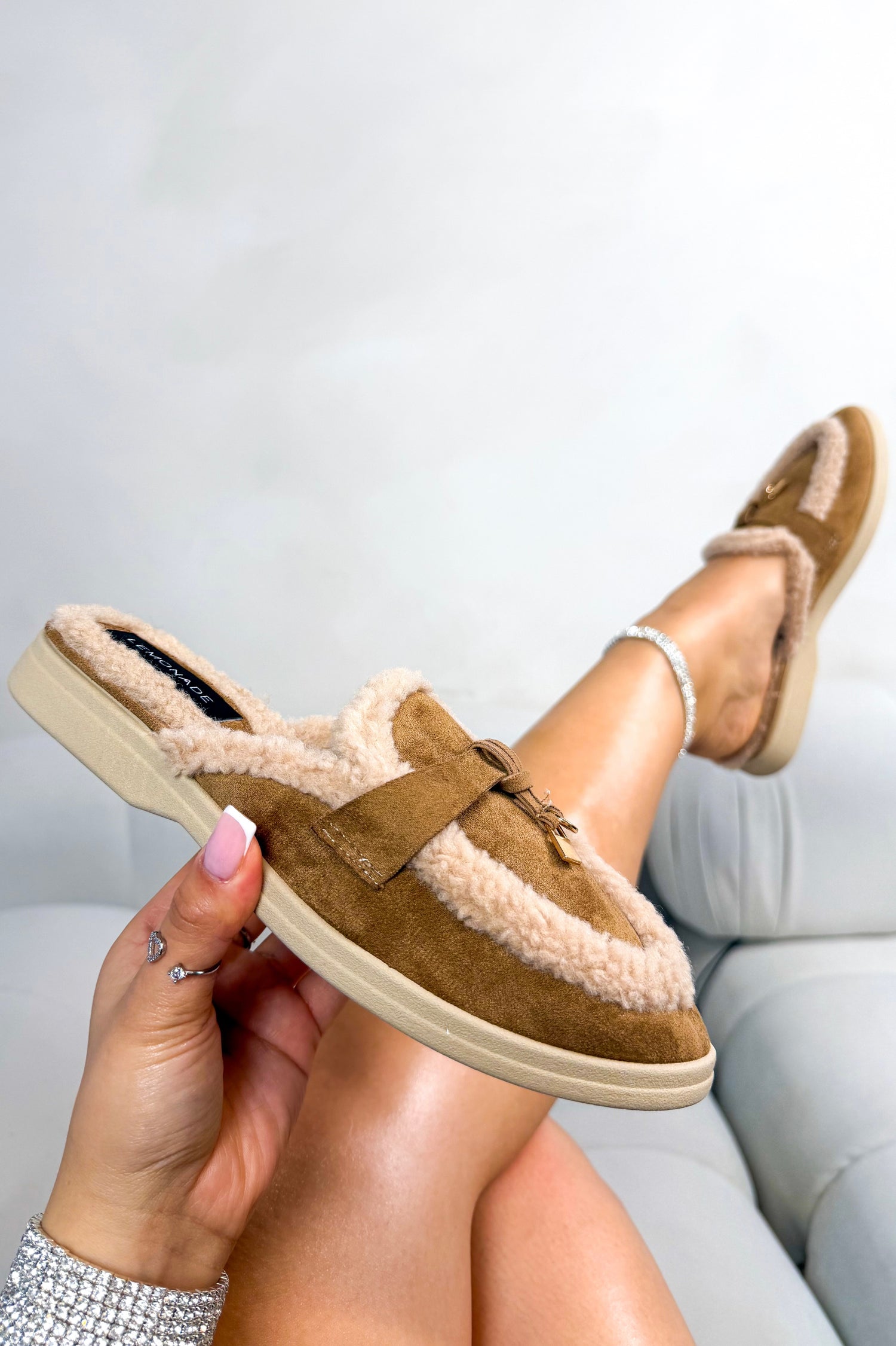 Velvet Crush Teddy Trim Slip On Clog Mules Camel finished with soft velvet-finish upper