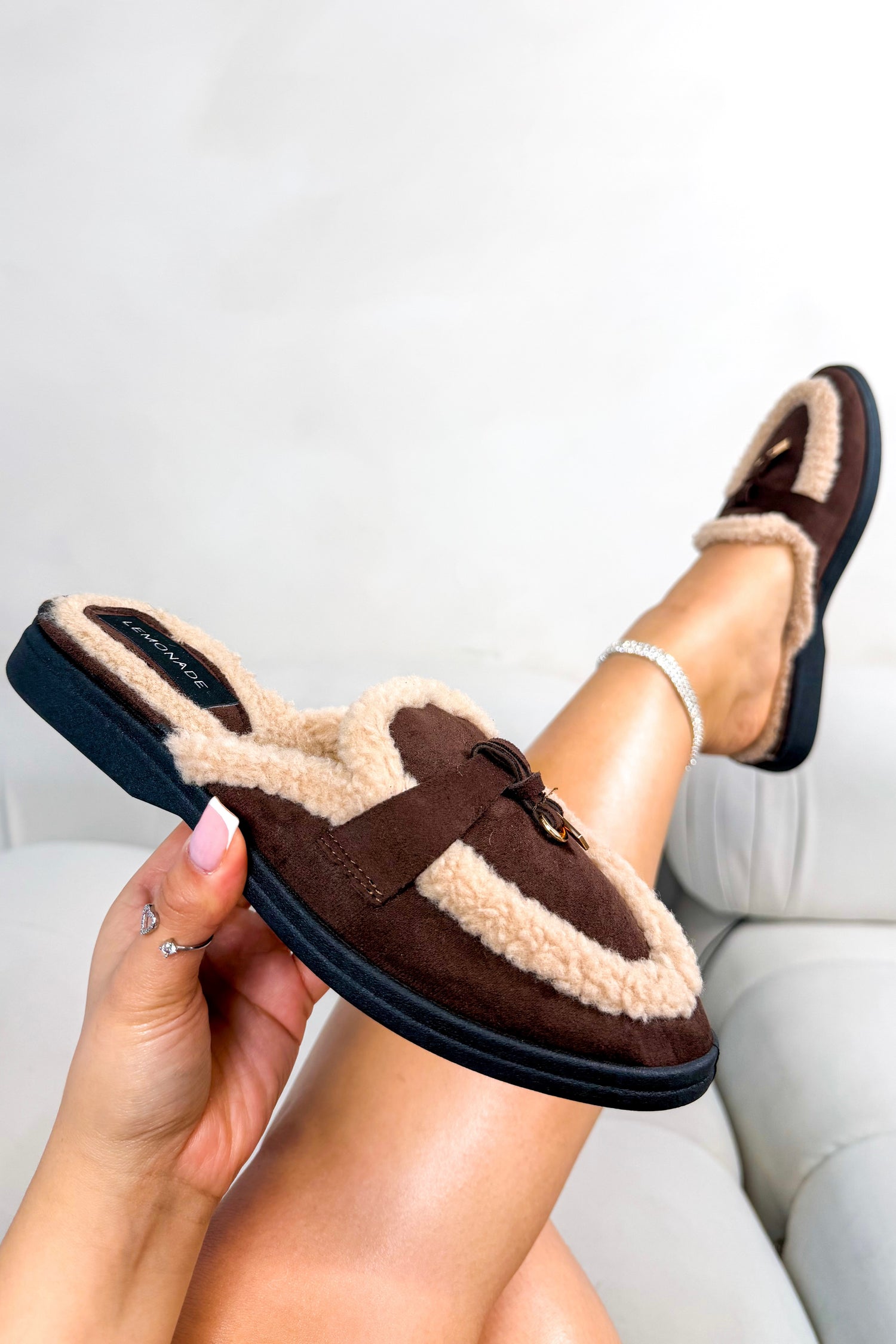 Velvet Crush Teddy Trim Slip On Clog Mules Brown featuring soft velvet-finish upper