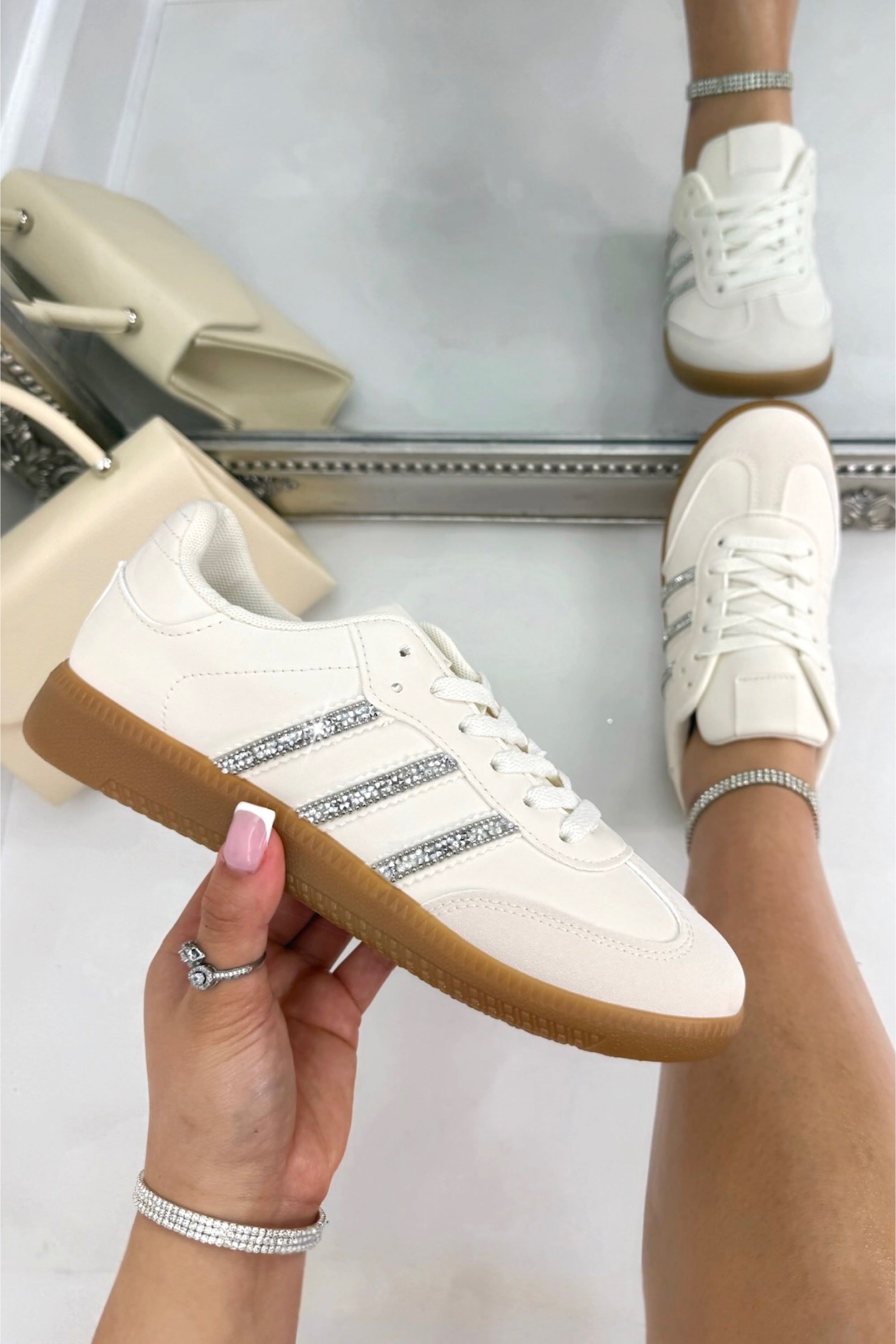 Crystal Stripe Simba Trainers Limited Edition Nude, bringing attention to crystal embellished stripe detailing for signature sparkle