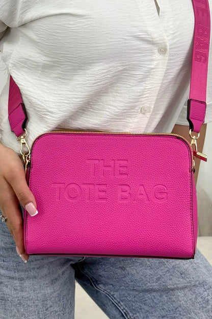 Faux Leather Triple Compartment Everyday Crossbody Tote Bag Hot Pink designed with structured silhouette with modern embossed slogan detail