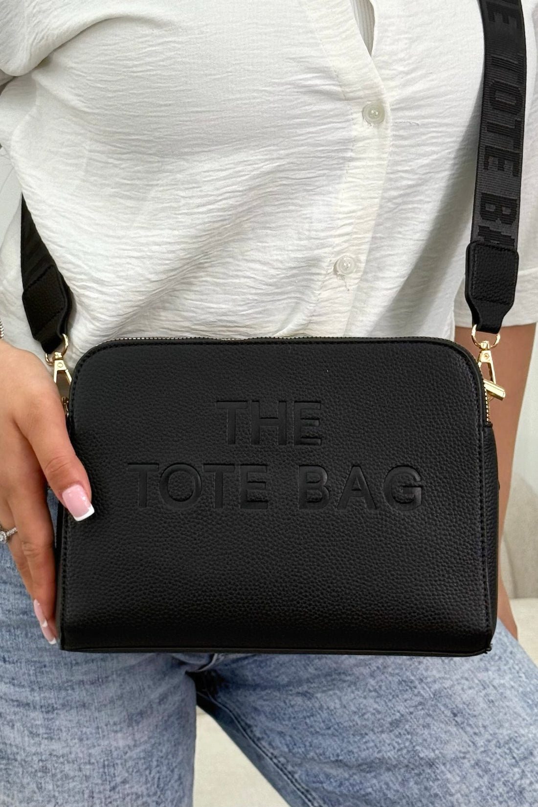 Faux Leather Triple Compartment Everyday Crossbody Tote Bag Black designed with structured silhouette with modern embossed slogan detail