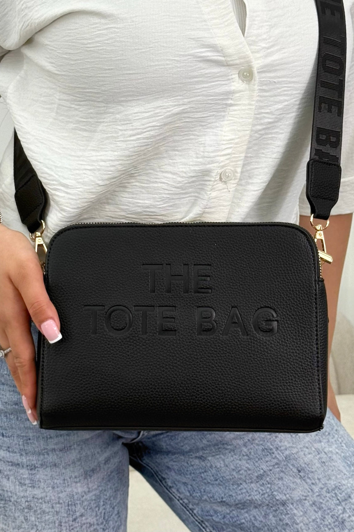 Faux Leather Triple Compartment Everyday Crossbody Tote Bag Black designed with structured silhouette with modern embossed slogan detail