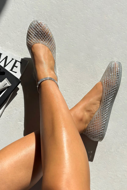 Sparkly Resort Chic Jelly Flats Silver