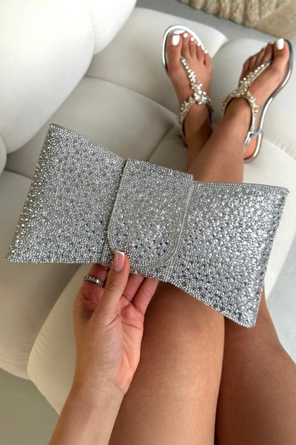 Crystal Luxe Bow Clutch Bag Silver designed with statement bow silhouette