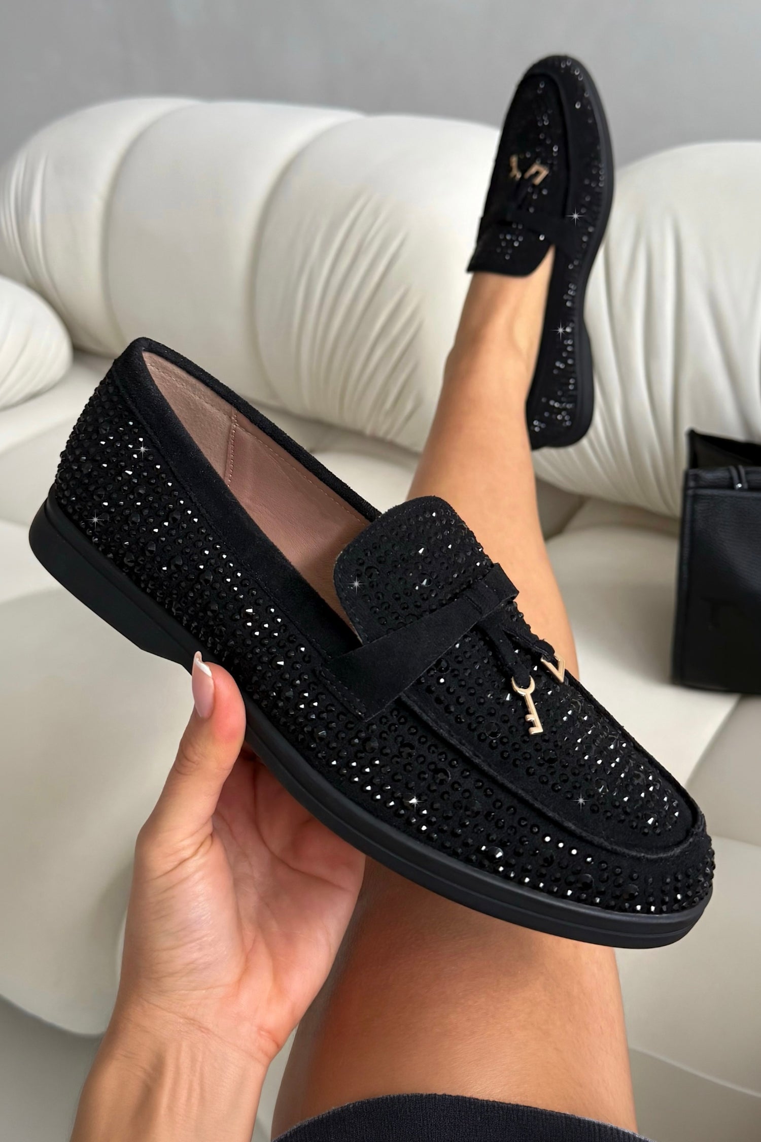 Crystal Luna Slip-On Flat Loafers Black with elegant slip-on loafers with crystal embellishment