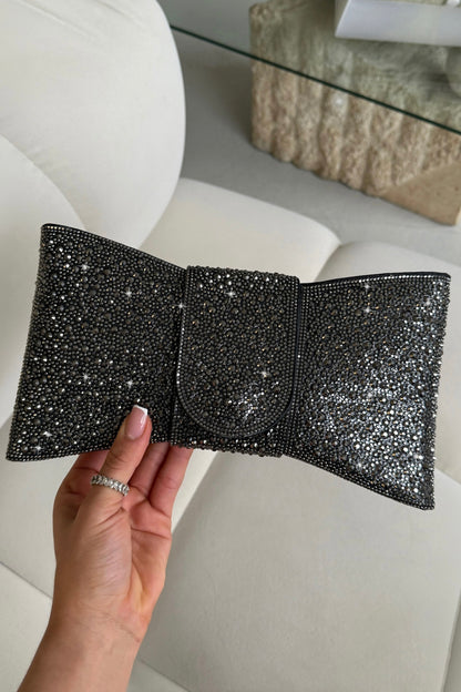 Crystal Luxe Bow Clutch Bag Black with statement bow silhouette