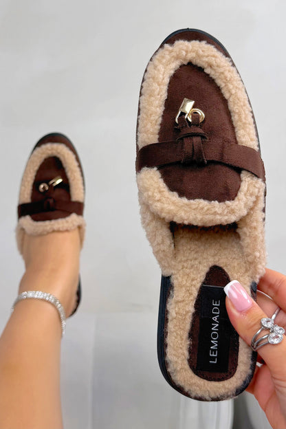 Velvet Crush Teddy Trim Slip On Clog Mules Brown, showing easy slip-on, backless design