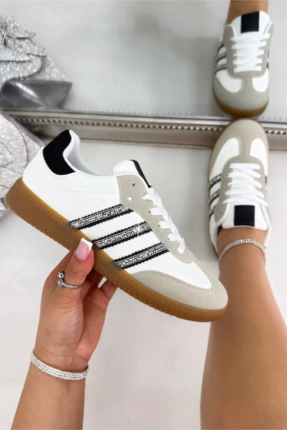Crystal Stripe Simba Trainers Limited Edition White, bringing attention to crystal embellished stripe detailing for signature sparkle