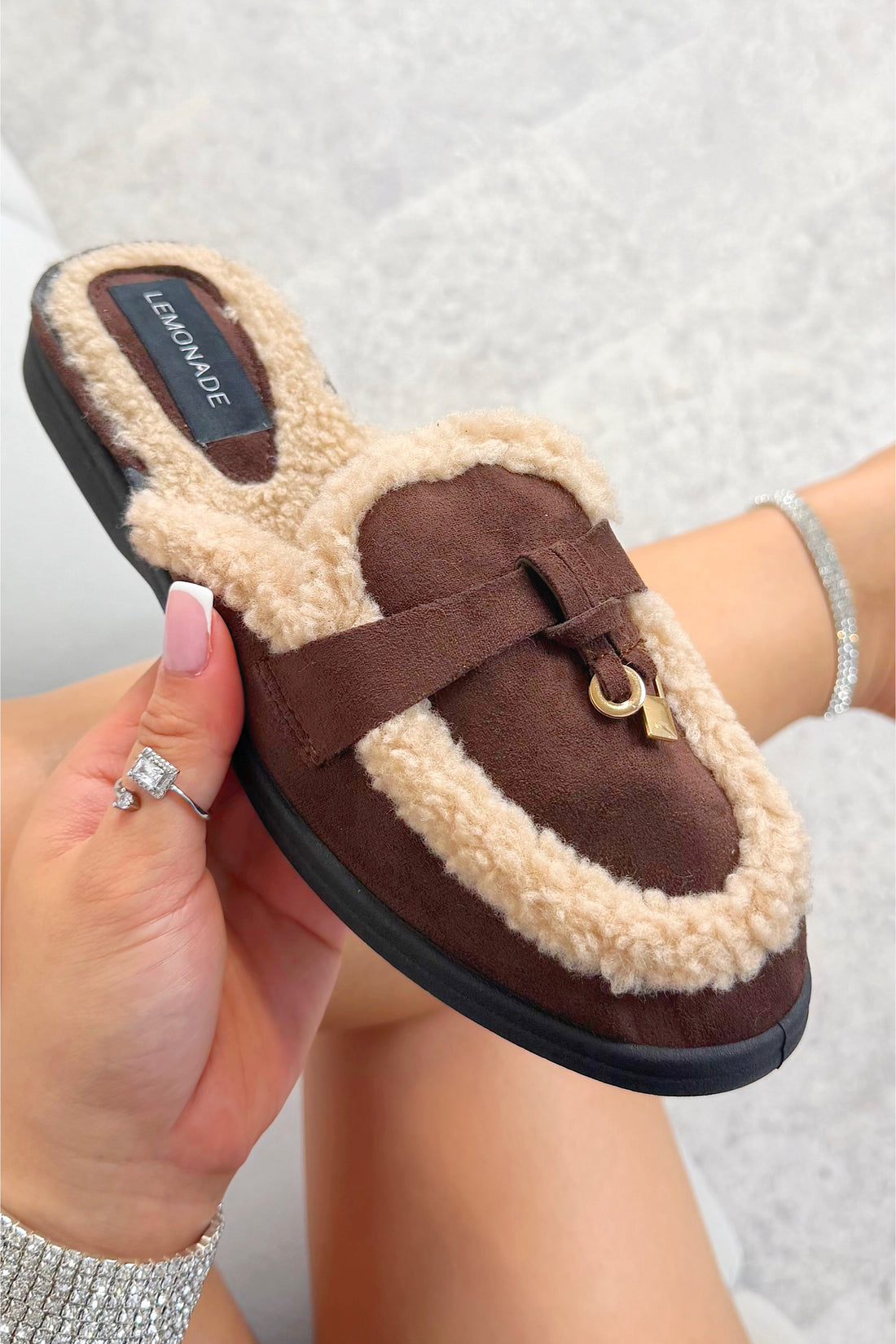 Velvet Crush Teddy Trim Slip On Clog Mules Brown, highlighting cosy teddy-textured borg style trim