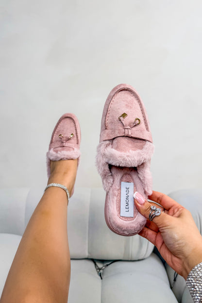 Velvet Crush Slip On Clog Mules Pink, featuring gold-tone hardware accent