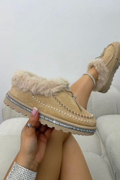 Crystal Faux Fur Lined Tazgirl Outdoor Slippers Nude with soft faux fur lining for ultimate warmth and comfort