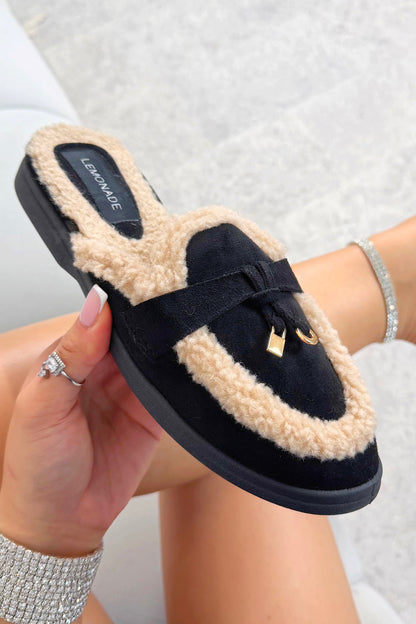 Velvet Crush Teddy Trim Slip On Clog Mules Black, highlighting cosy teddy-textured borg style trim